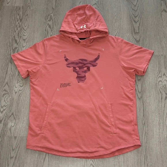 Under Armour‎ Project Rock Terry Hoodie Pink Short Sleeve Men XL Brahma Bull Gym - Picture 1 of 7